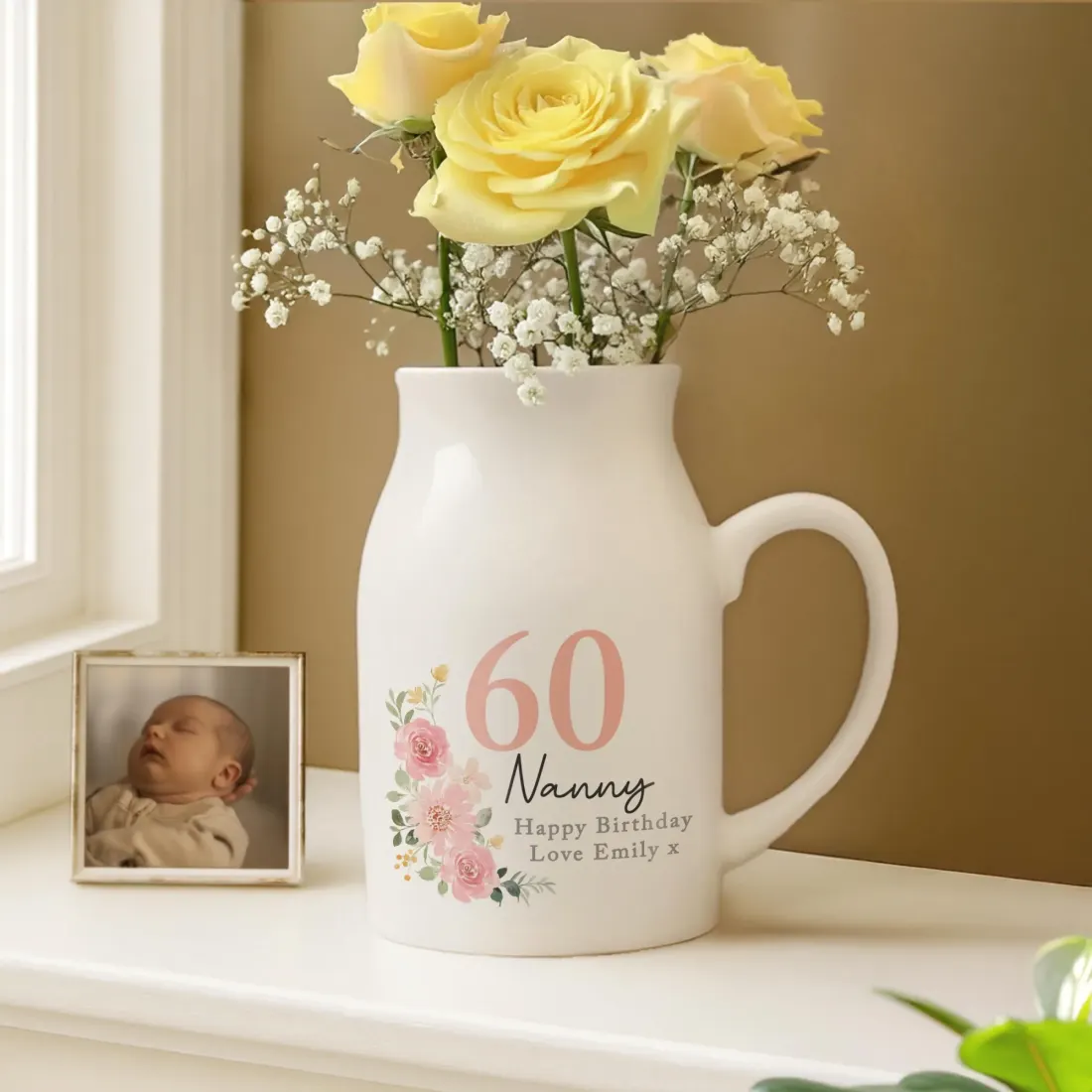 Personalised Floral Birthday Jug Vase, Custom Text Engraved Milestone Birthday Gift — photo 3