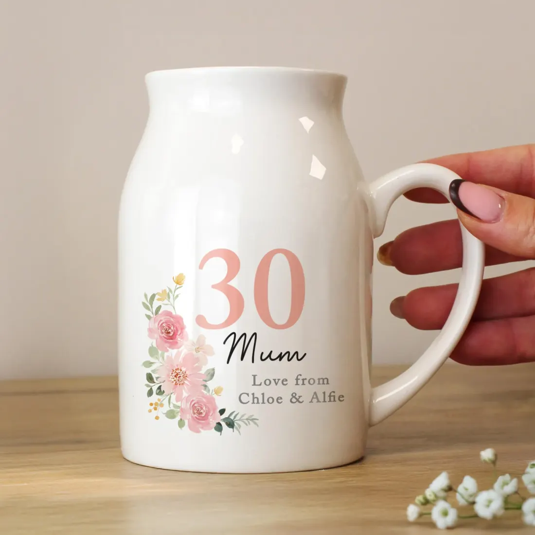 Personalised Floral Birthday Jug Vase, Custom Text Engraved Milestone Birthday Gift — photo 4