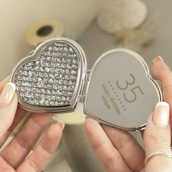 Personalised Birthday Heart Compact Mirror, Big Age Diamante Finish Custom Engraved Gift