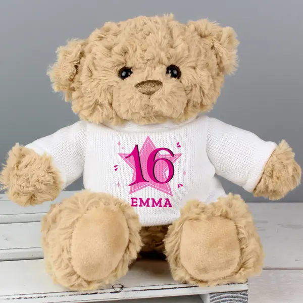 Personalized Pink Star Age Teddy Bear, Custom Name and Year Engraved Keepsake Gift