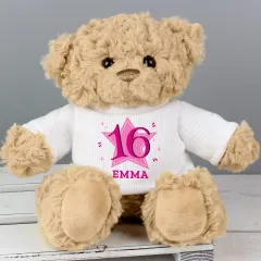 Personalized Pink Star Age Teddy Bear, Custom Name and Year Engraved Keepsake Gift thumbnail 1