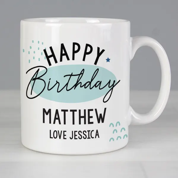 Personalized Happy Birthday Ceramic Mug, Blue Pastel Speckle, Custom Name Engraved Gift