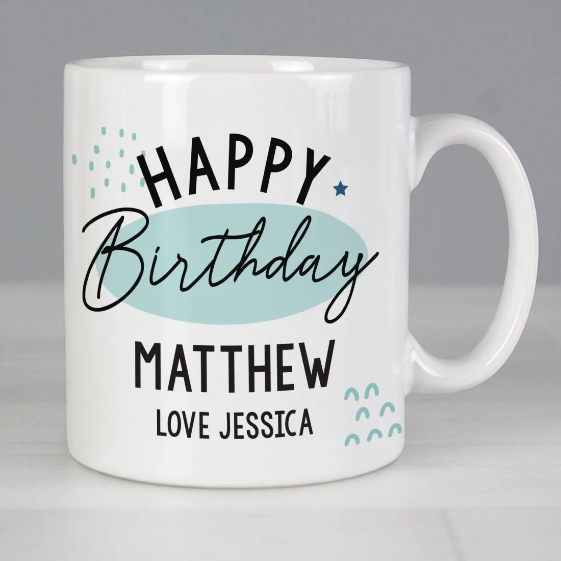 Personalized Happy Birthday Ceramic Mug, Blue Pastel Speckle, Custom Name Engraved Gift