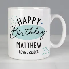 Personalized Happy Birthday Ceramic Mug, Blue Pastel Speckle, Custom Name Engraved Gift thumbnail 1