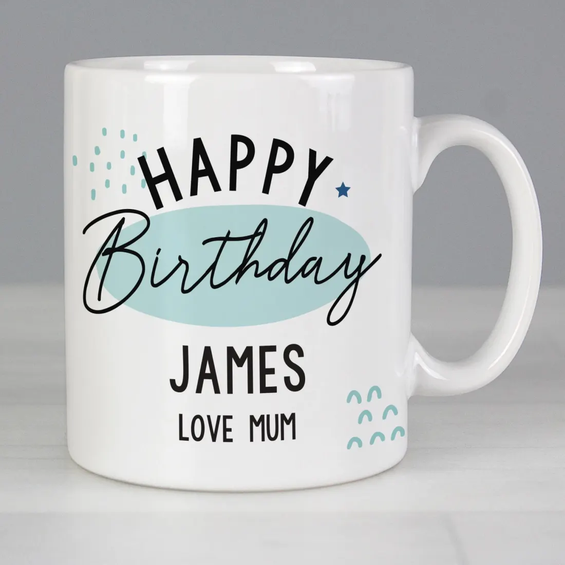 Personalized Happy Birthday Ceramic Mug, Blue Pastel Speckle, Custom Name Engraved Gift — photo 6