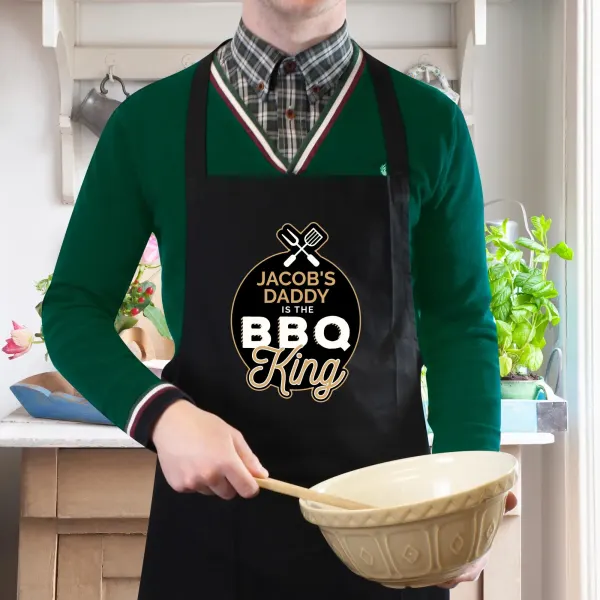 Personalised BBQ King Black Apron, Custom Engraved Cotton Chef Gift for Men