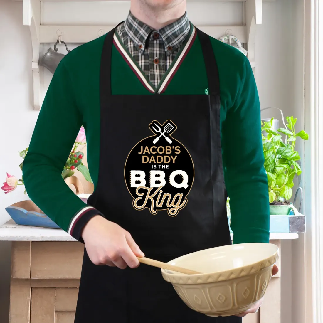Personalised BBQ King Black Apron, Custom Engraved Cotton Chef Gift for Men
