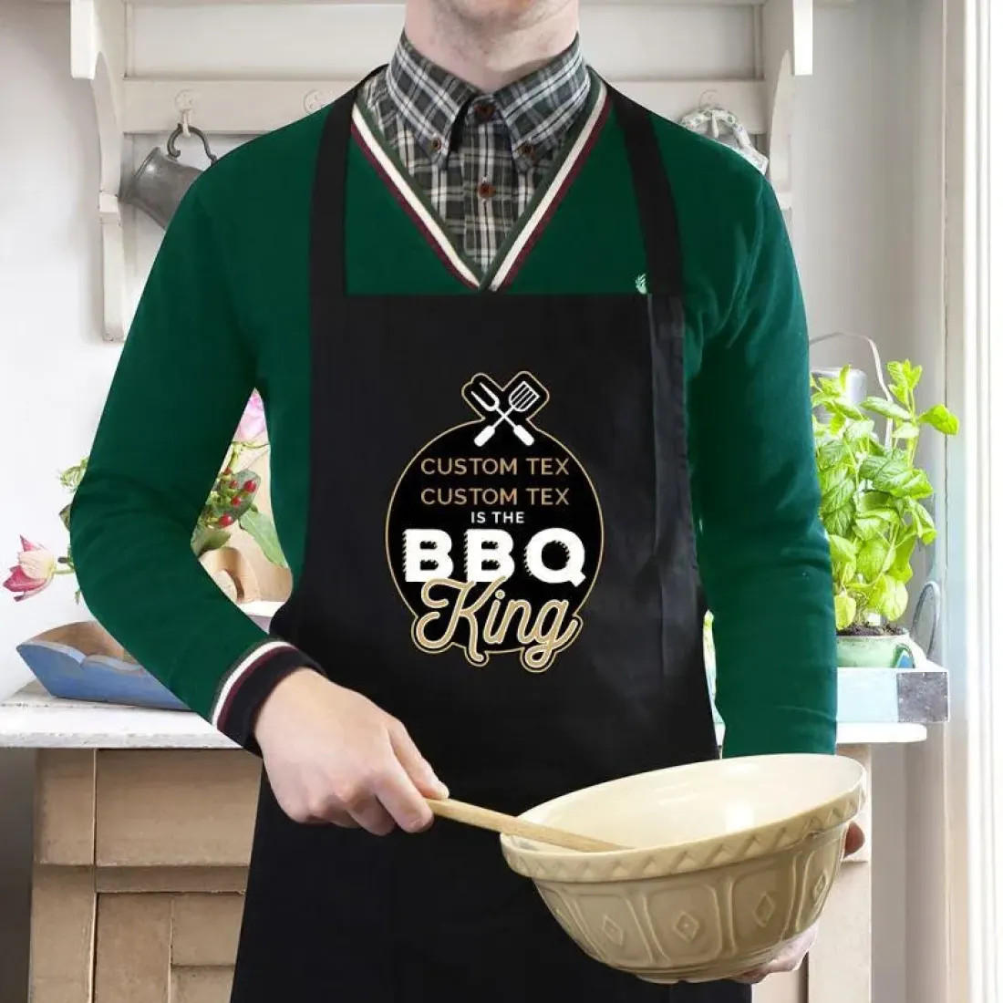 Personalised BBQ King Black Apron, Custom Engraved Cotton Chef Gift for Men — photo 2