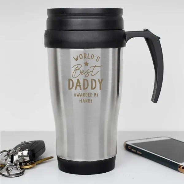 Personalized Stainless Steel Travel Mug, Engraved "World's Daddy" Thermal Tumbler