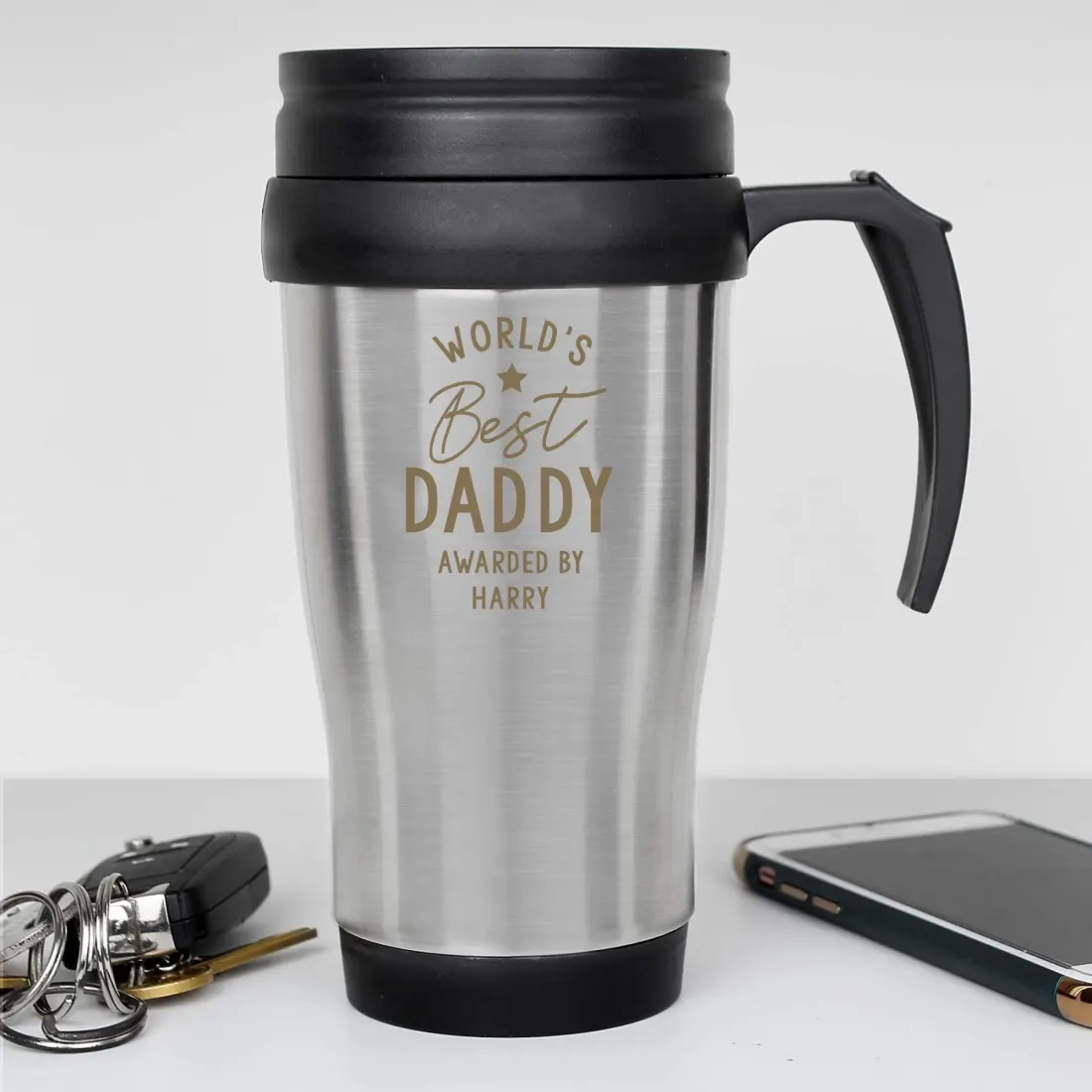 Personalized Stainless Steel Travel Mug, Engraved "World's Daddy" Thermal Tumbler