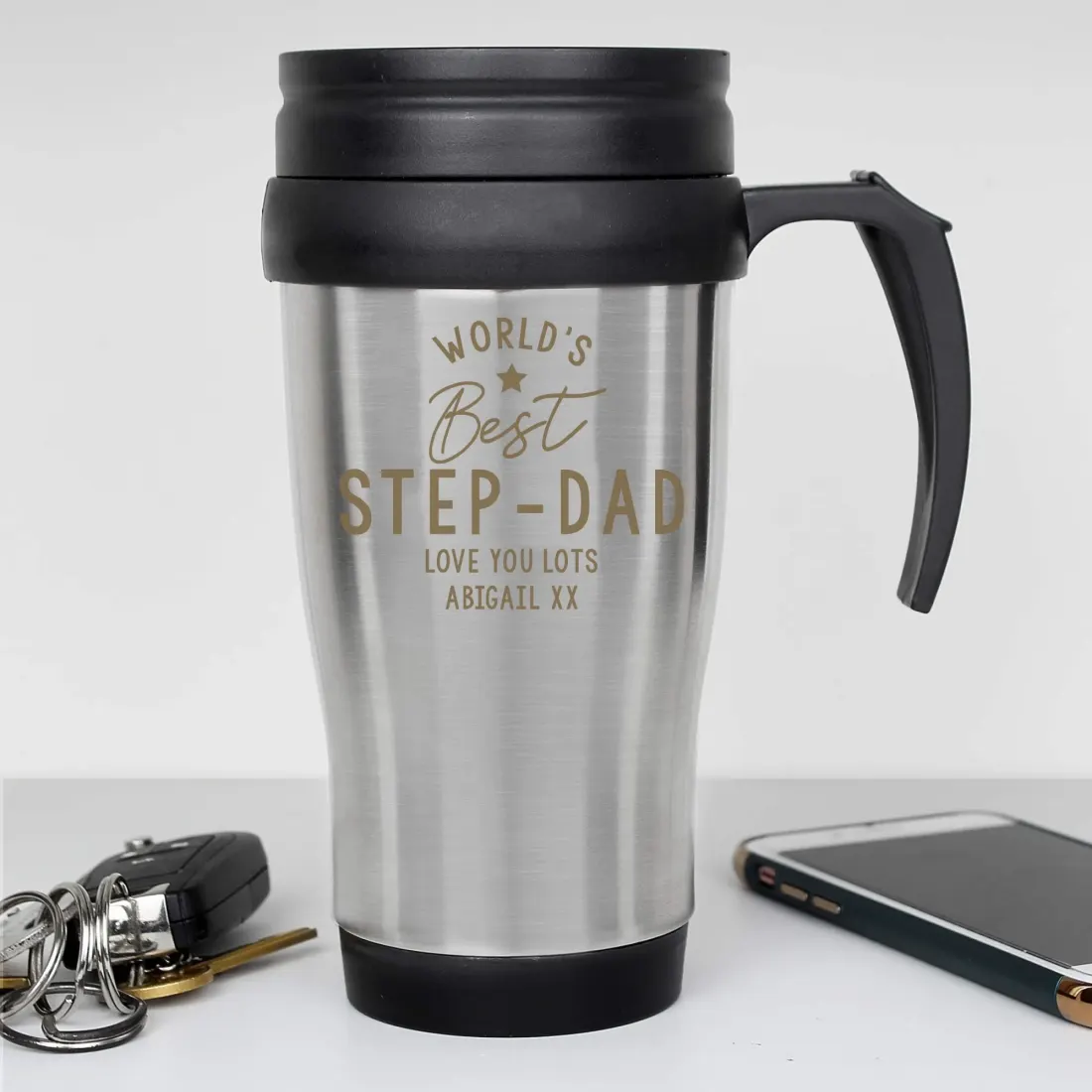 Personalized Stainless Steel Travel Mug, Engraved "World's Daddy" Thermal Tumbler — photo 6