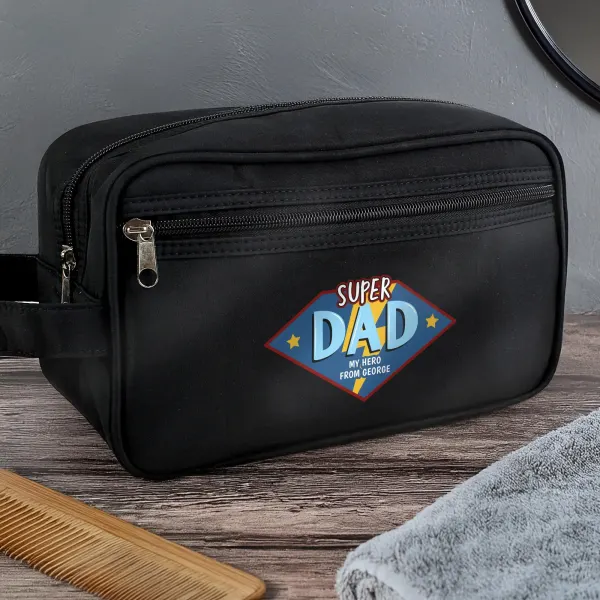 Personalised Super Dad Wash Bag, Custom Engraved Travel Pouch