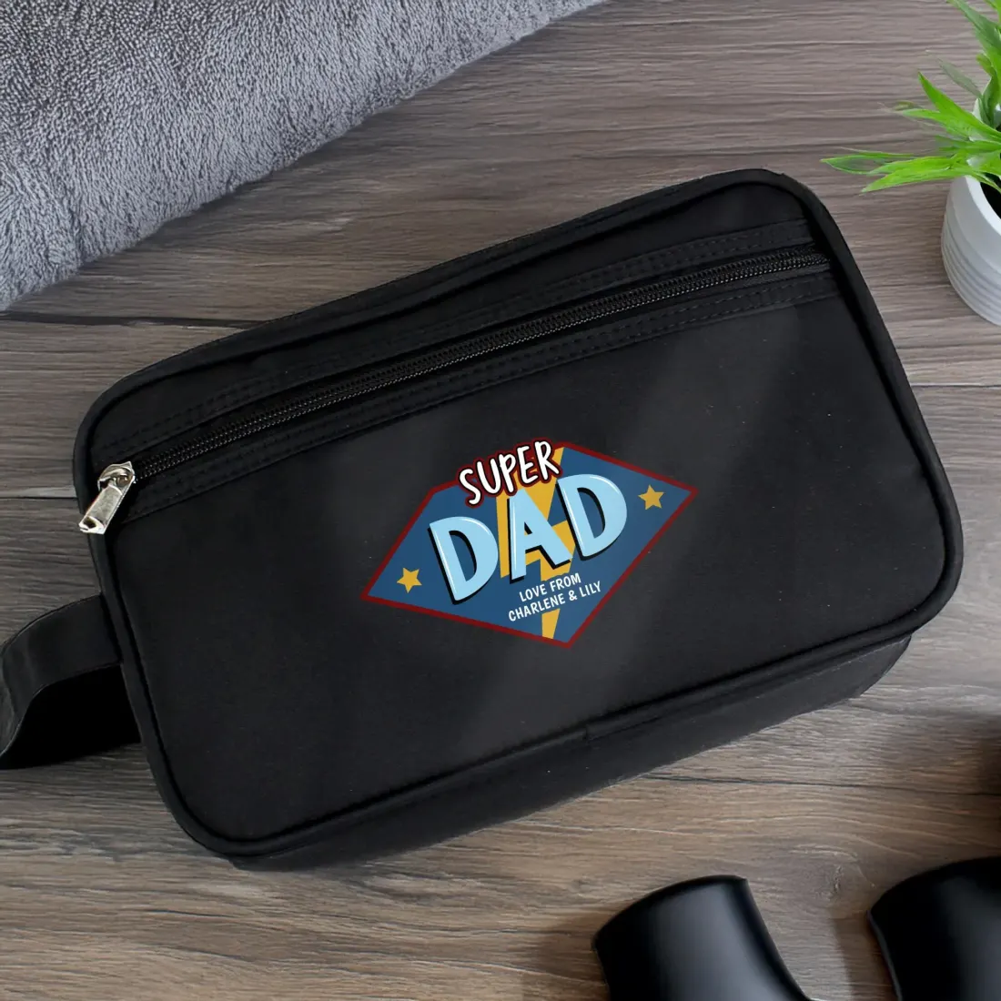 Personalised Super Dad Wash Bag, Custom Engraved Travel Pouch — photo 3