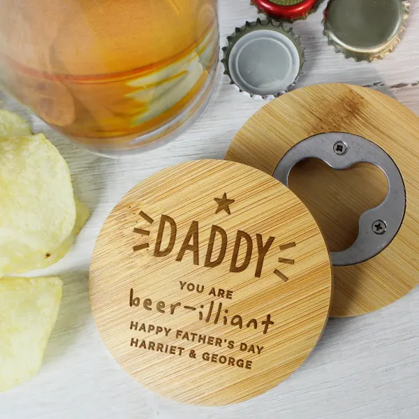 Personalised Bamboo Bottle Opener Coaster, Engraved Beer Mat Gift, Home Bar Accessory