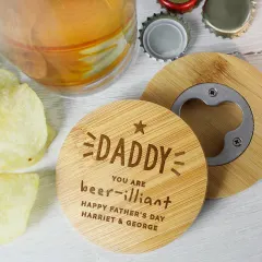 Personalised Bamboo Bottle Opener Coaster, Engraved Beer Mat Gift, Home Bar Accessory thumbnail 1