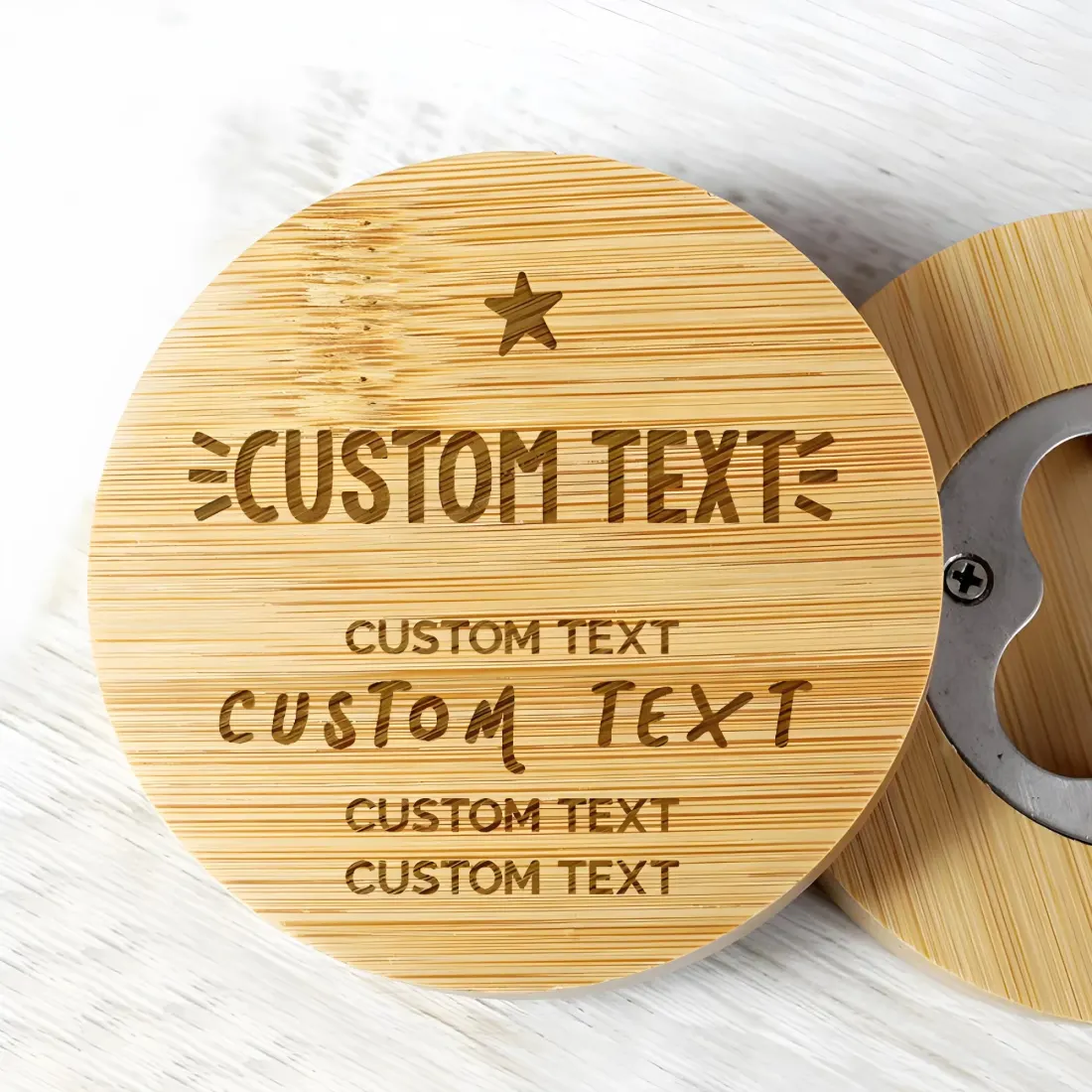 Personalised Bamboo Bottle Opener Coaster, Engraved Beer Mat Gift, Home Bar Accessory — photo 2
