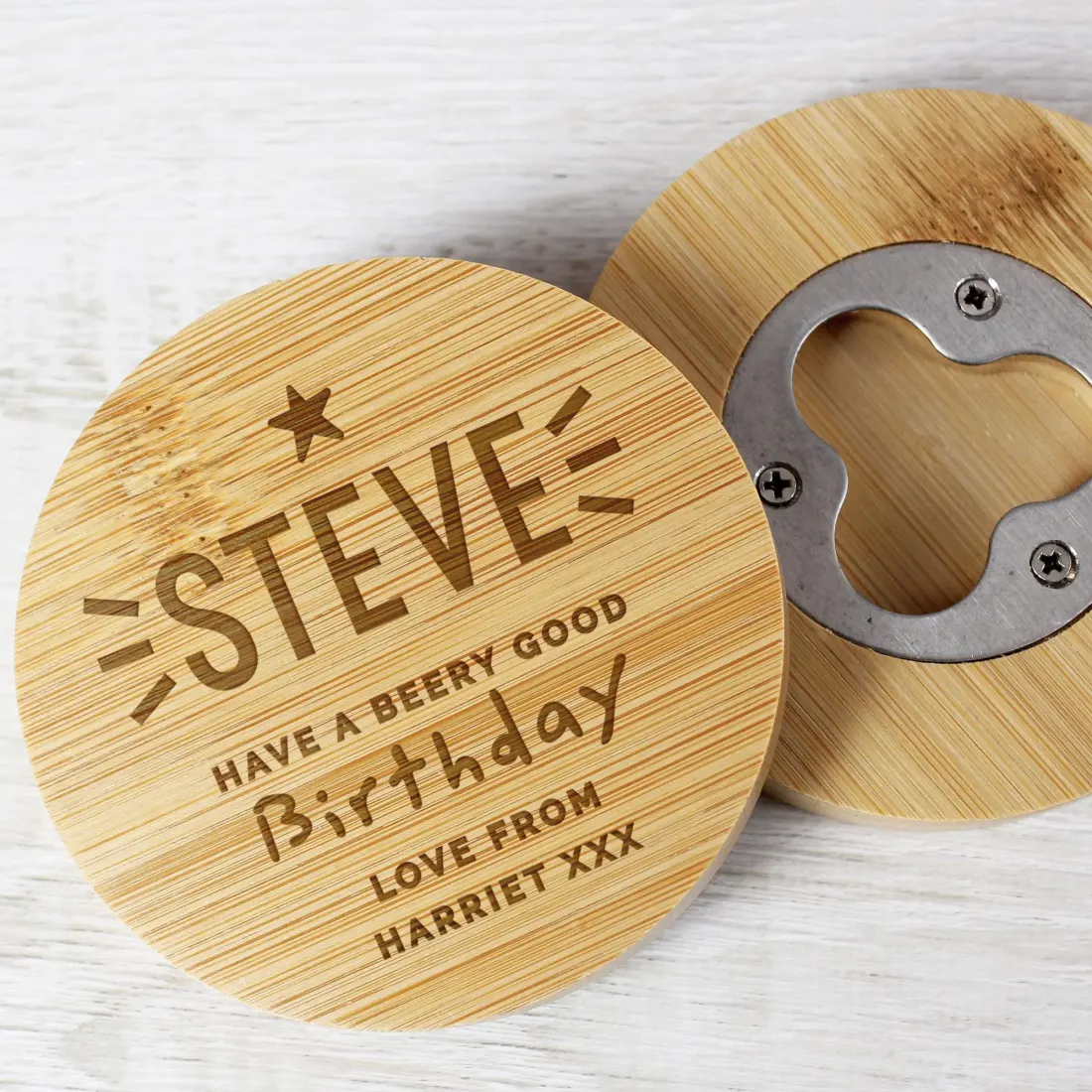 Personalised Bamboo Bottle Opener Coaster, Engraved Beer Mat Gift, Home Bar Accessory — photo 4
