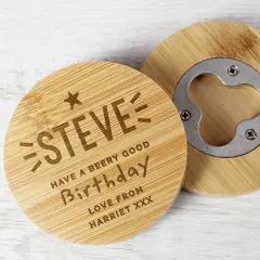 Personalised Bamboo Bottle Opener Coaster, Engraved Beer Mat Gift, Home Bar Accessory thumbnail 4