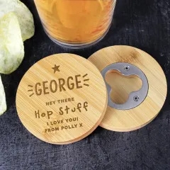Personalised Bamboo Bottle Opener Coaster, Engraved Beer Mat Gift, Home Bar Accessory thumbnail 6