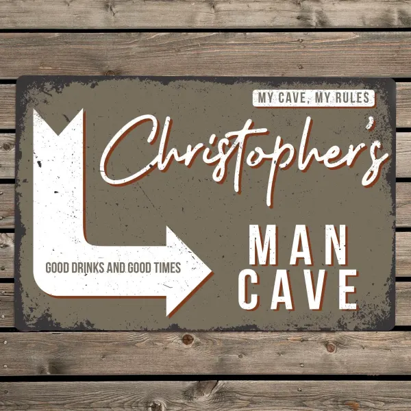 Metal Man Cave Sign, Custom Engraved Workshop Plaque, Personalised Dads Home Decor