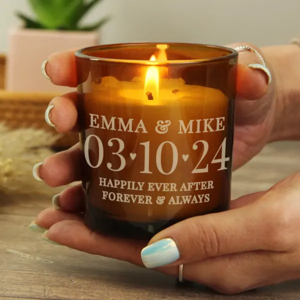 Personalised Amber Glass Candle, Custom Date and Text Engraved Gift
