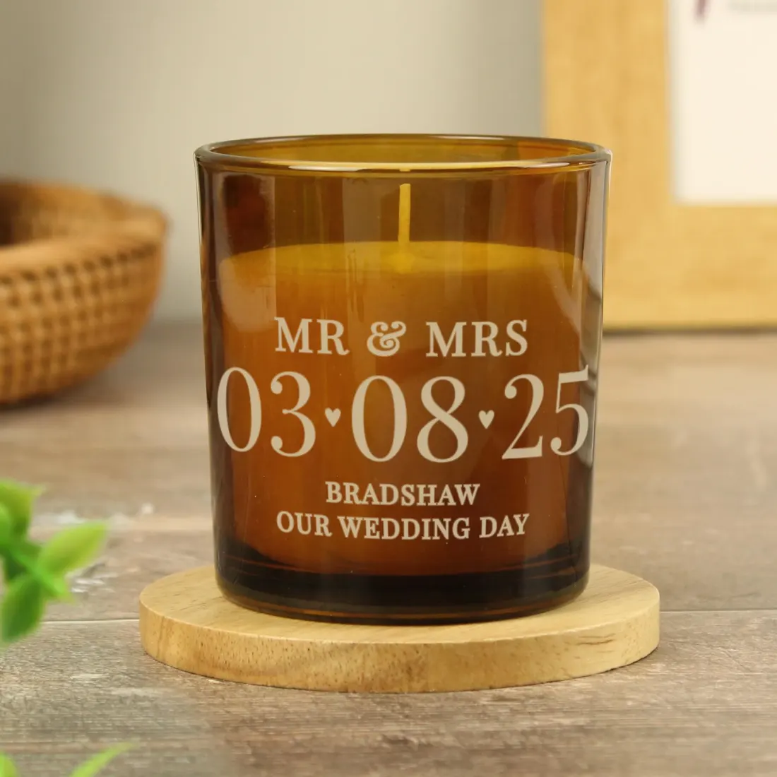 Personalised Amber Glass Candle, Custom Date and Text Engraved Gift — photo 5
