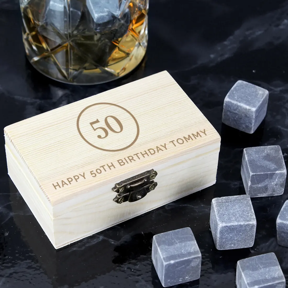 Personalised Birthday Whisky Cooling Stones, Engraved Wooden Gift Box, Gin Lover Gift