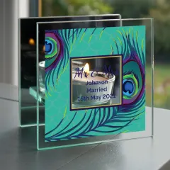 Personalised Peacock Mirrored Glass Tea Light Holder, Custom Candle Gift, Colourful Home Decor UK thumbnail 1