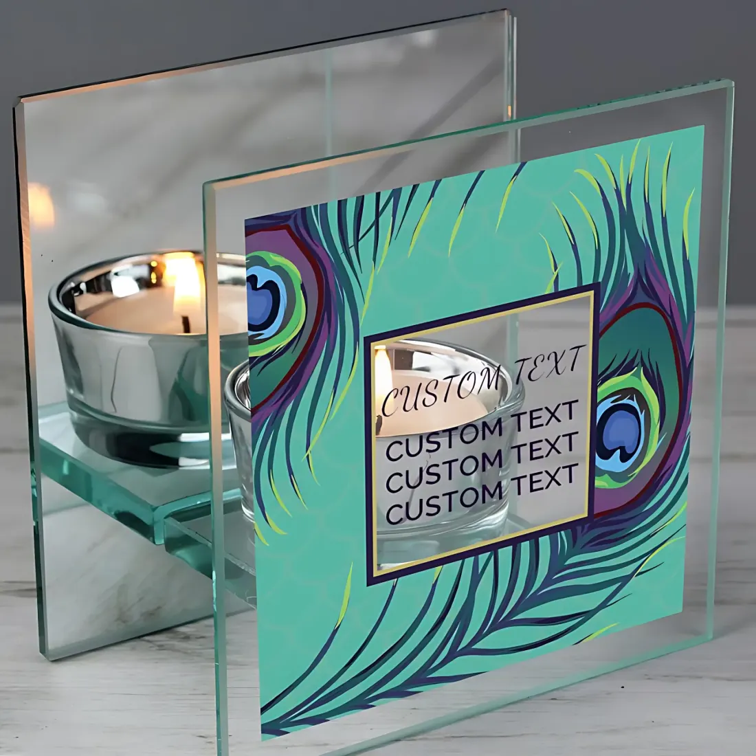 Personalised Peacock Mirrored Glass Tea Light Holder, Custom Candle Gift, Colourful Home Decor UK — photo 2