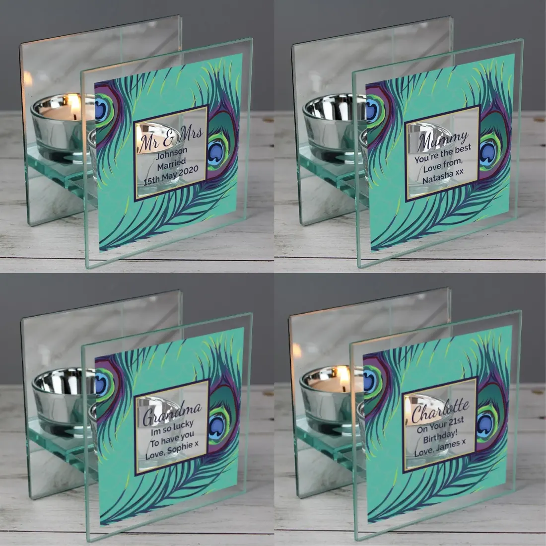 Personalised Peacock Mirrored Glass Tea Light Holder, Custom Candle Gift, Colourful Home Decor UK — photo 3