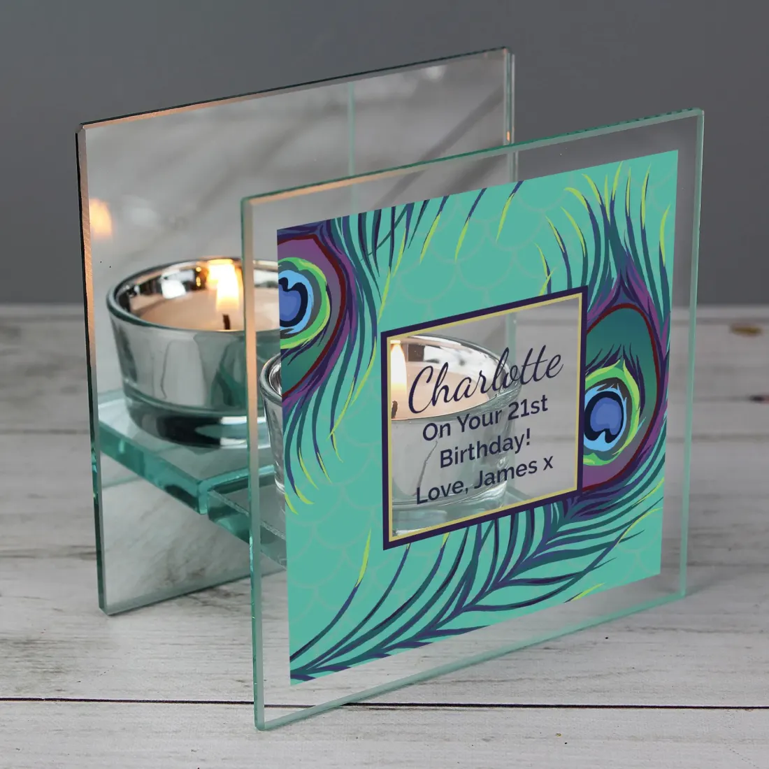 Personalised Peacock Mirrored Glass Tea Light Holder, Custom Candle Gift, Colourful Home Decor UK — photo 4