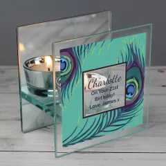 Personalised Peacock Mirrored Glass Tea Light Holder, Custom Candle Gift, Colourful Home Decor UK thumbnail 4