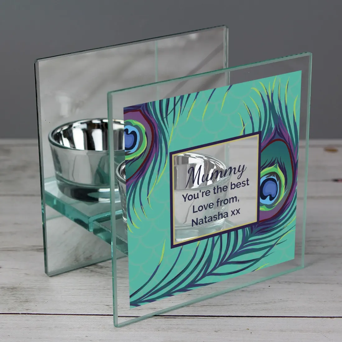 Personalised Peacock Mirrored Glass Tea Light Holder, Custom Candle Gift, Colourful Home Decor UK — photo 6