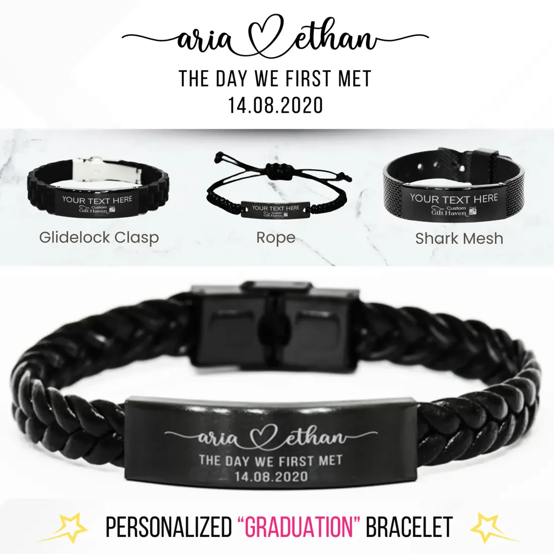 Personalized Anniversary Bracelet: Custom Laser Engraved "The Day We First Met" Couples Jewelry