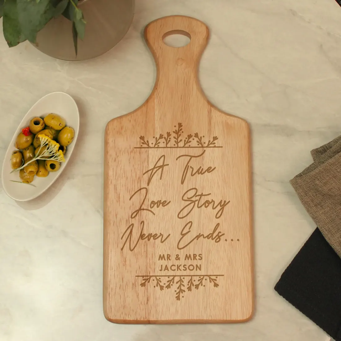 Personalised Wooden Paddle Board, Engraved Love Story Serving Board, Wedding Couple Gift