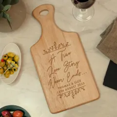 Personalised Wooden Paddle Board, Engraved Love Story Serving Board, Wedding Couple Gift thumbnail 4