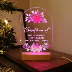 Personalised Poinsettia Christmas LED Light, Custom Wooden Base Decoration, Family Name Engraved Gifts thumbnail 1