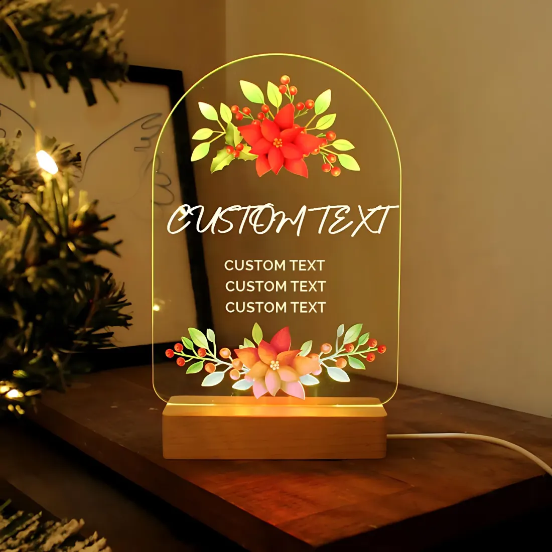 Personalised Poinsettia Christmas LED Light, Custom Wooden Base Decoration, Family Name Engraved Gifts — photo 2