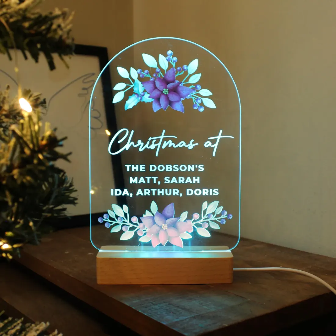 Personalised Poinsettia Christmas LED Light, Custom Wooden Base Decoration, Family Name Engraved Gifts — photo 3