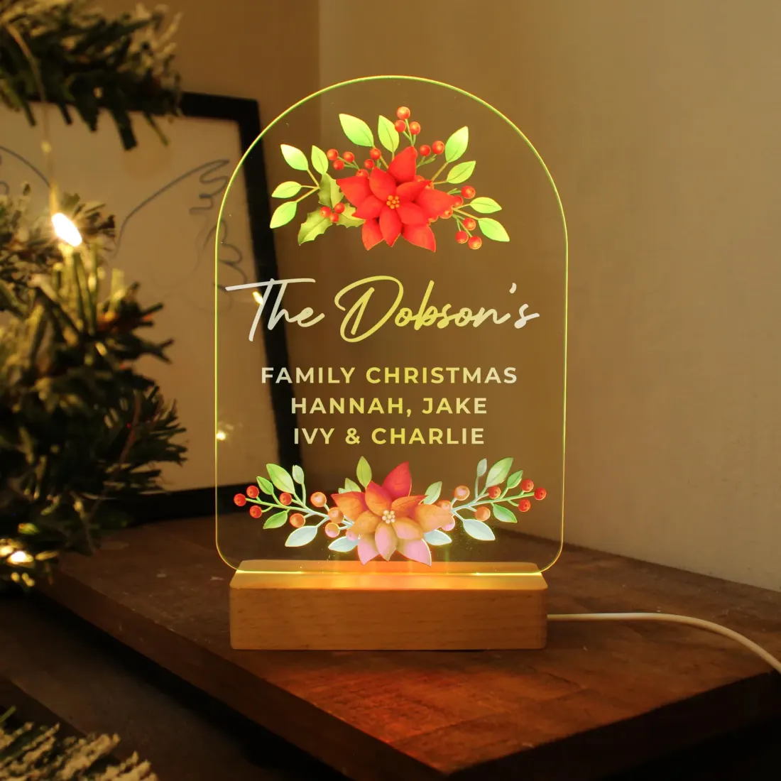 Personalised Poinsettia Christmas LED Light, Custom Wooden Base Decoration, Family Name Engraved Gifts — photo 5