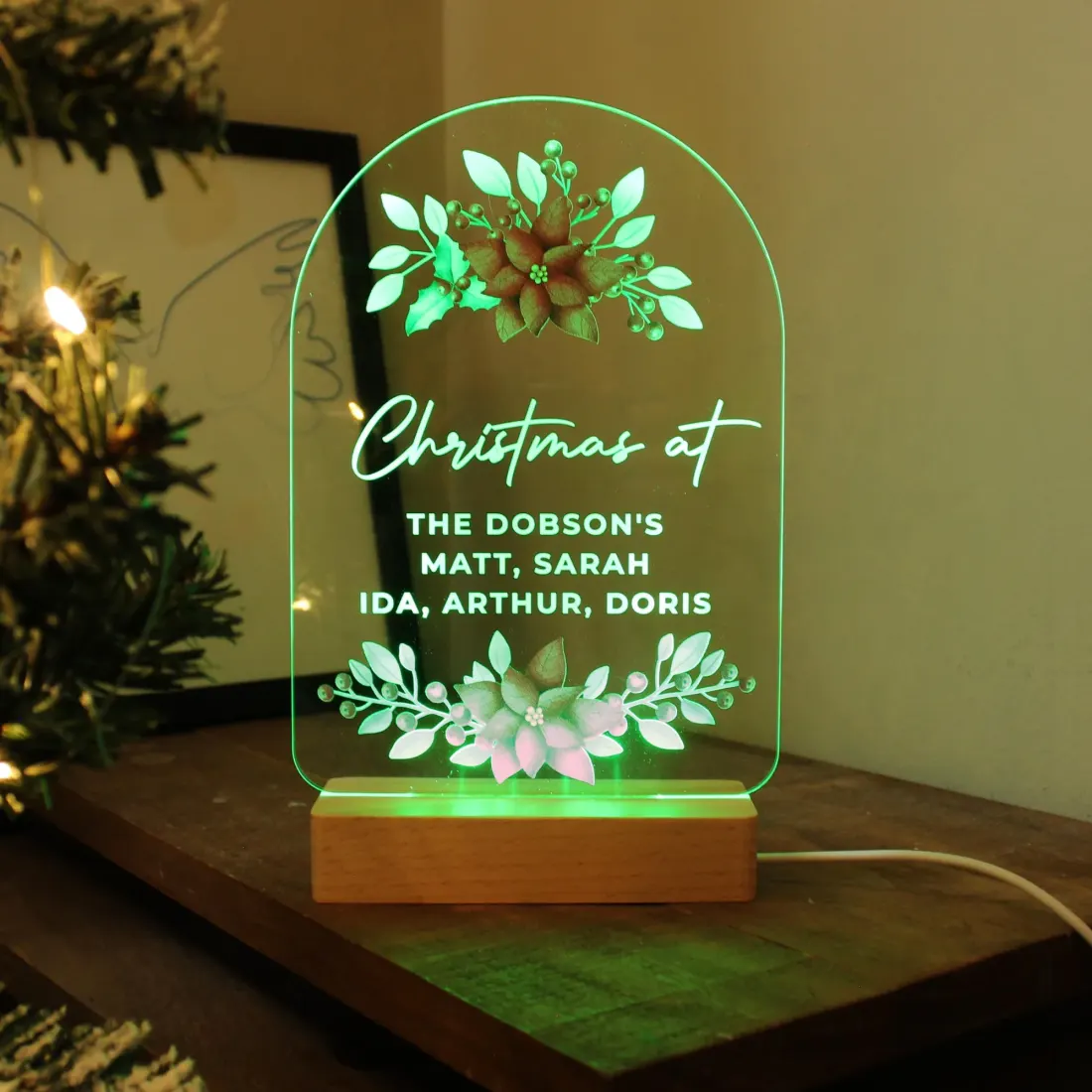 Personalised Poinsettia Christmas LED Light, Custom Wooden Base Decoration, Family Name Engraved Gifts — photo 6