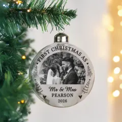 Personalised First Married Christmas Glass Bauble, Custom Photo Upload Gifts for Couple thumbnail 1