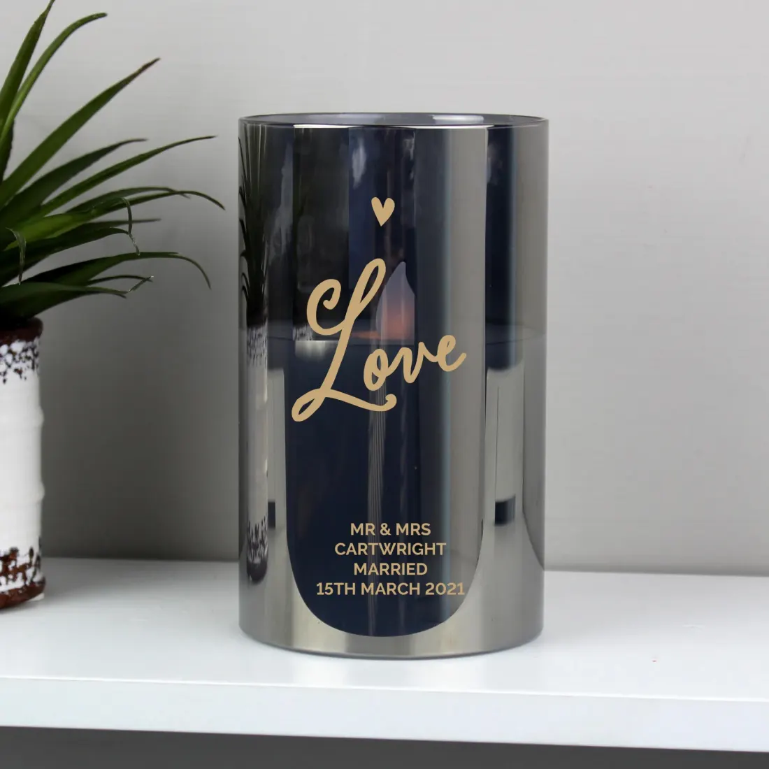 Personalised Smoked Glass LED Candle, Custom Engraved Flameless Pillar Light