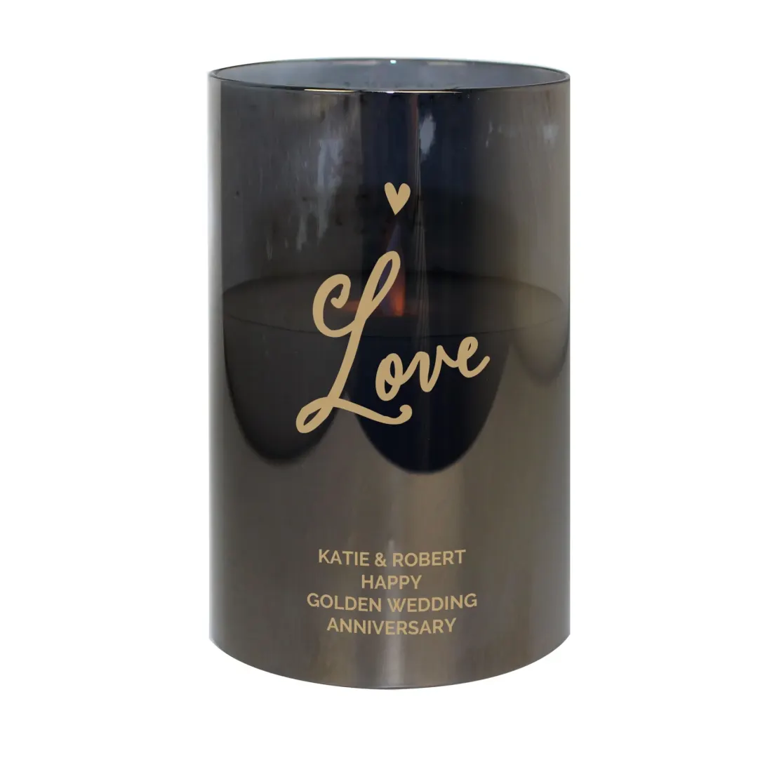 Personalised Smoked Glass LED Candle, Custom Engraved Flameless Pillar Light — photo 4