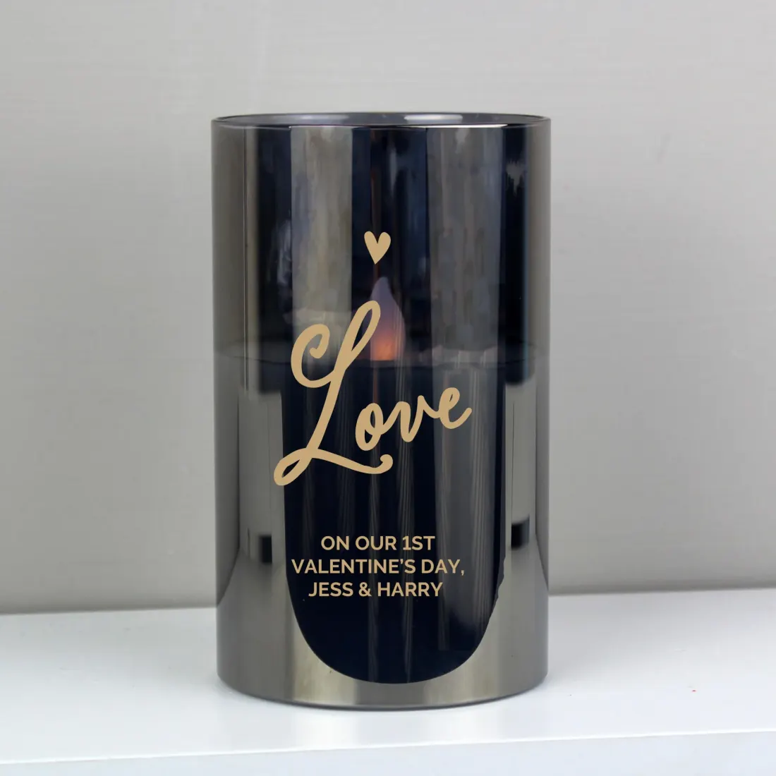 Personalised Smoked Glass LED Candle, Custom Engraved Flameless Pillar Light — photo 5