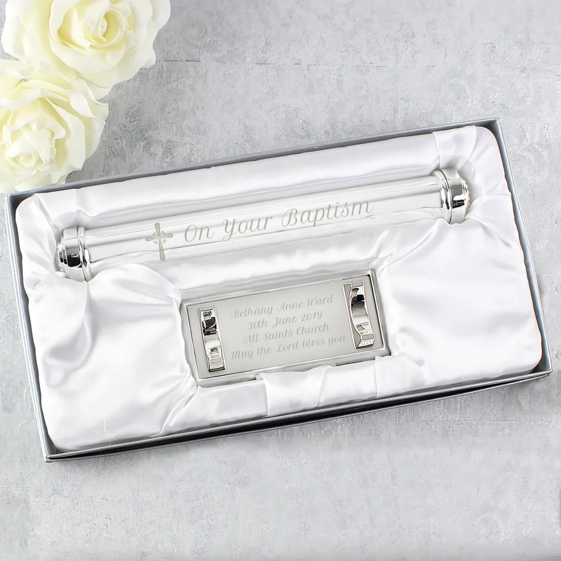 Personalised Cross Certificate Holder, Custom Engraved Baptism Gift, Holy Communion Certificate Tube