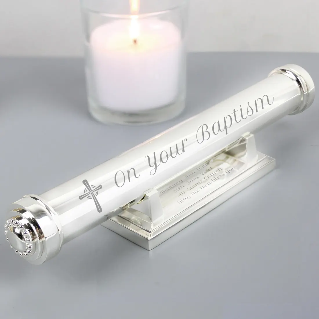Personalised Cross Certificate Holder, Custom Engraved Baptism Gift, Holy Communion Certificate Tube — photo 3