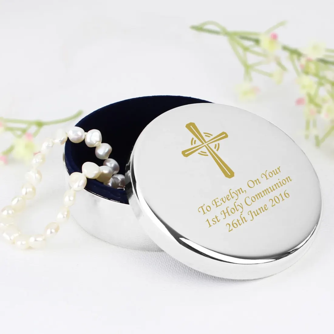 Personalised Gold Cross Trinket Box, Custom Engraved Rosary Keepsake