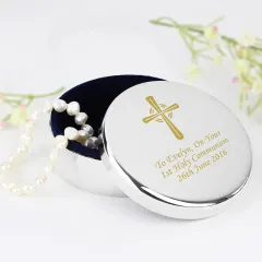 Personalised Gold Cross Trinket Box, Custom Engraved Rosary Keepsake thumbnail 1