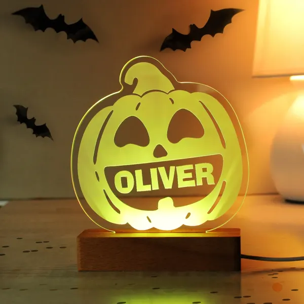 Personalised Pumpkin Wooden LED Light, Custom Engraved Halloween Night Lamp, Autumn Home Decor